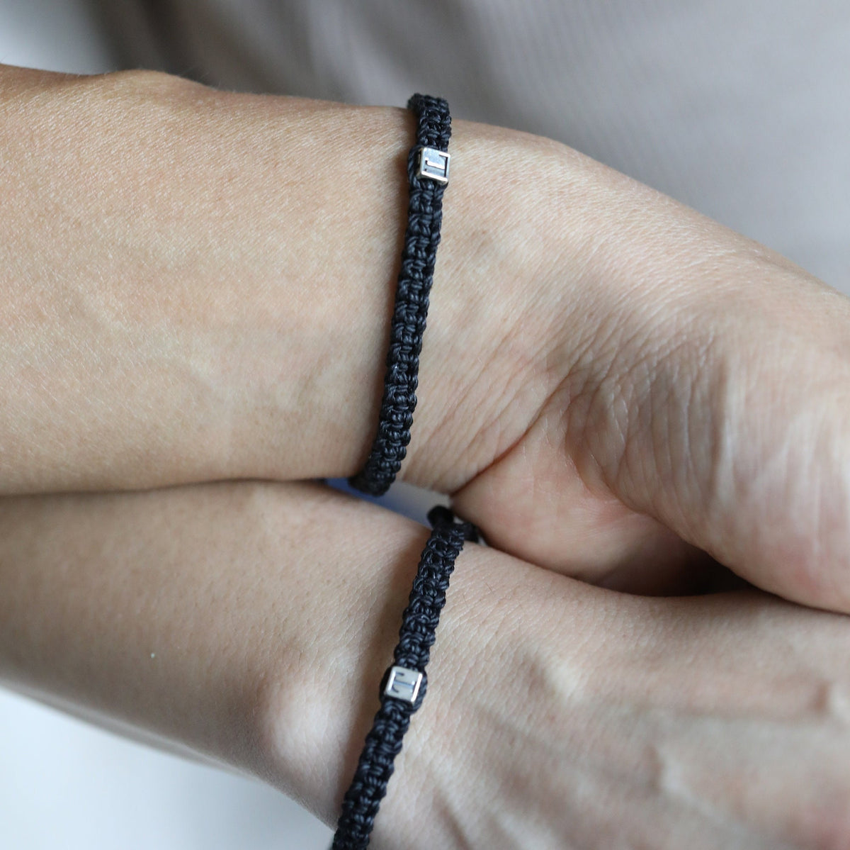 Initial Sterling Silver Couple Bracelets Black His and Hers