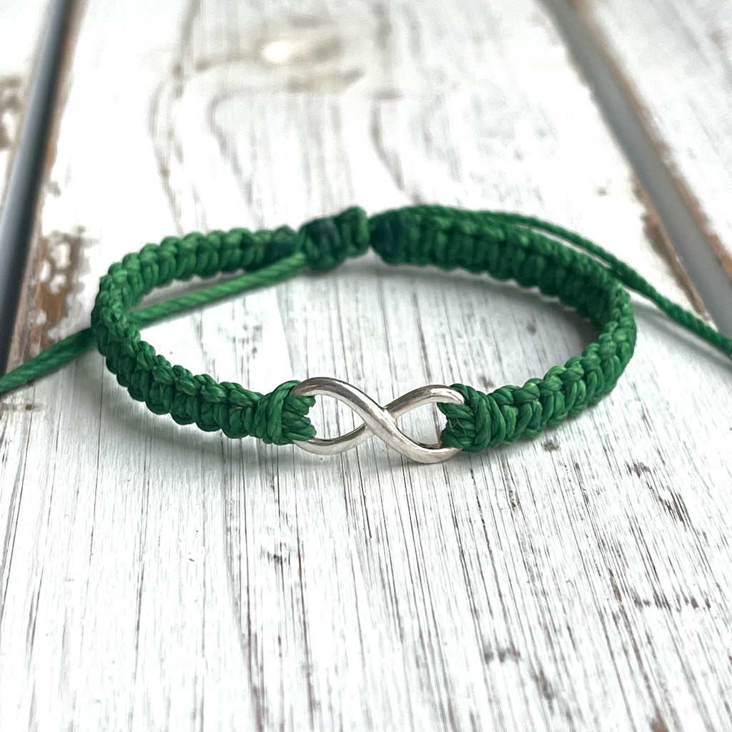 Green Bracelet Braided Macrame, Infinite Infinity, Sterling Silver, Adjustable Waterproof by Fanfarria