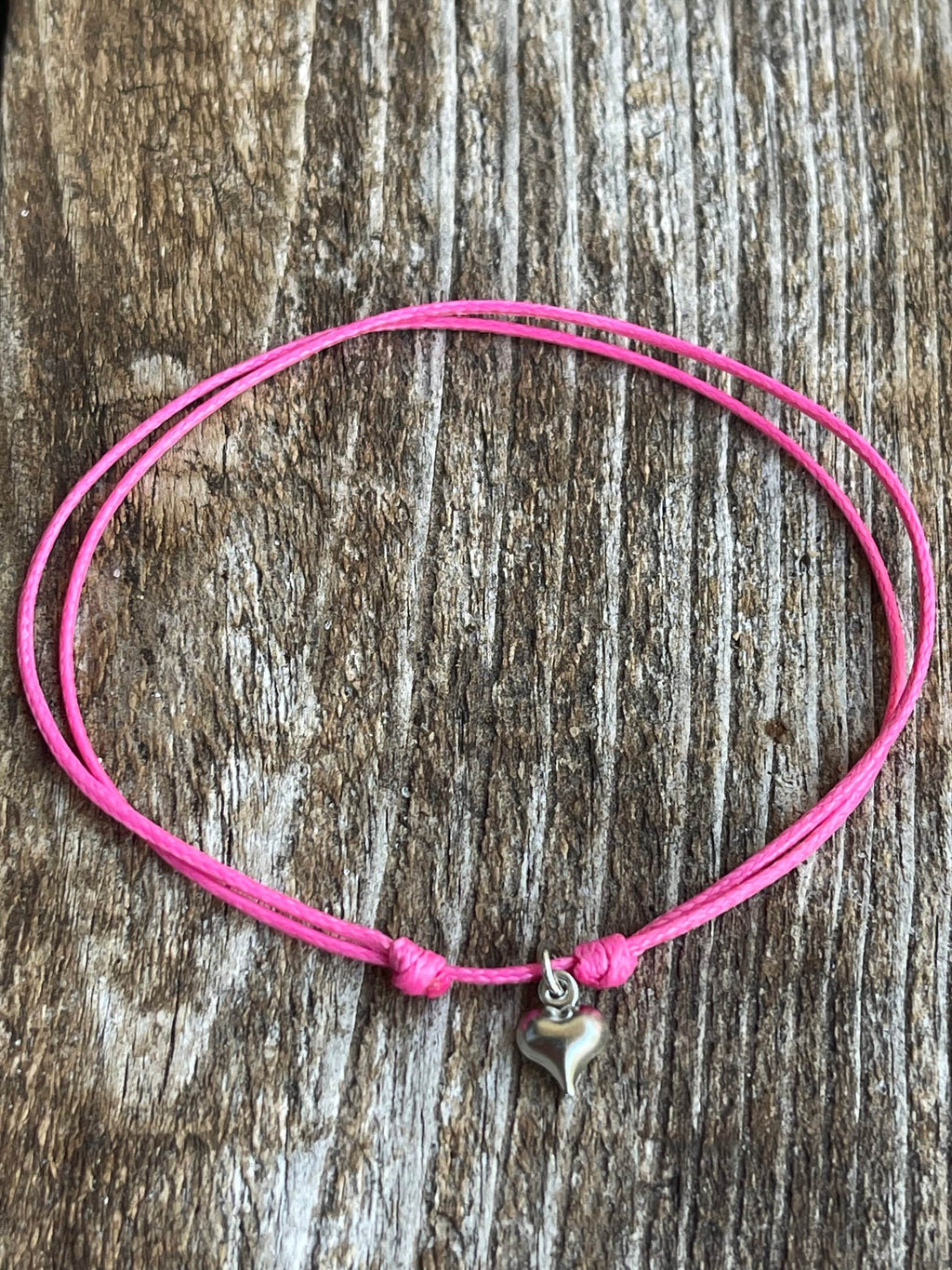 Sterling Silver Heart Anklet, Pink Fuchsia Cord Anklet, Adjustable, Waterproof