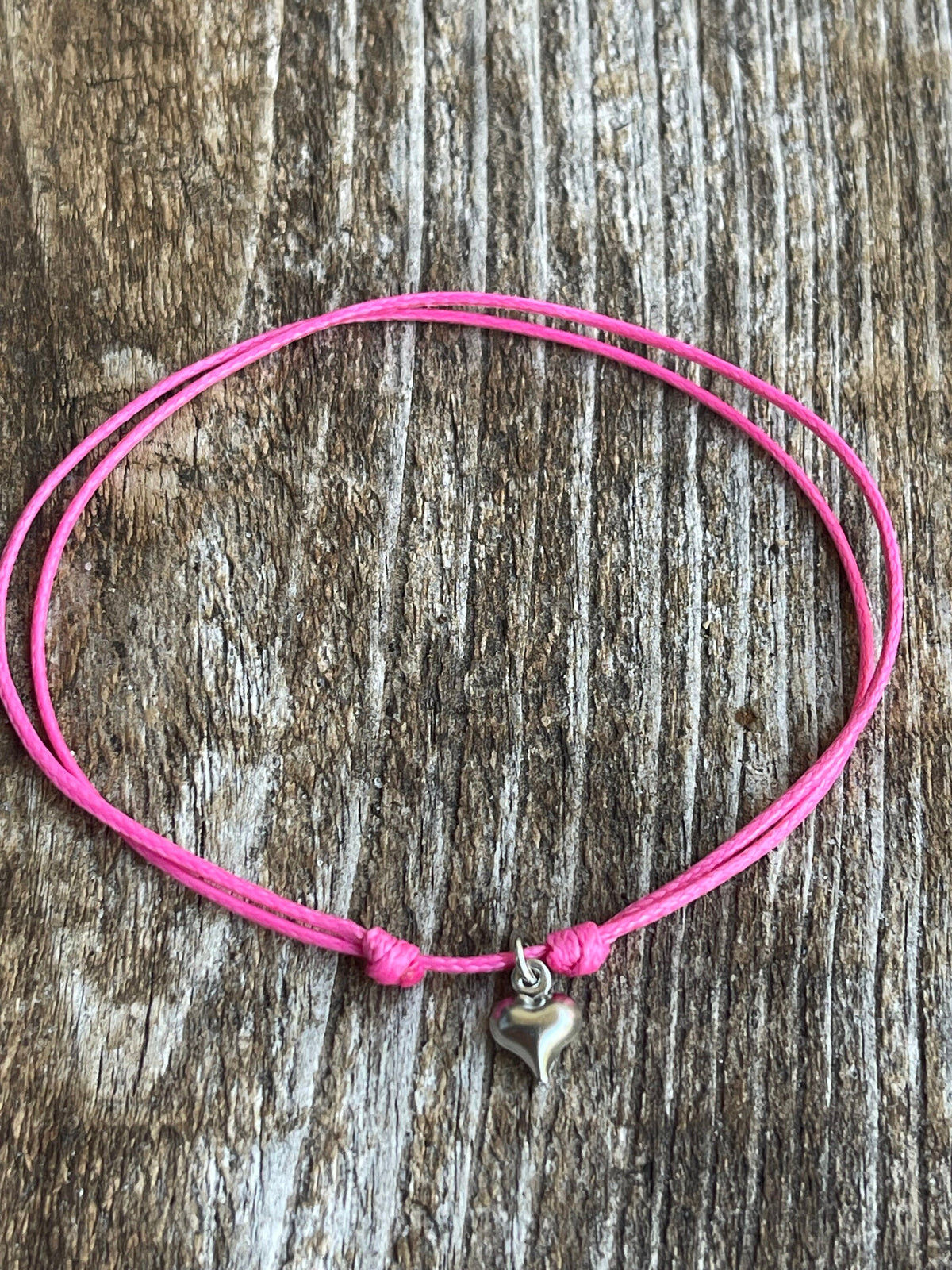 Sterling Silver Heart Anklet, Pink Fuchsia Cord Anklet, Adjustable, Waterproof