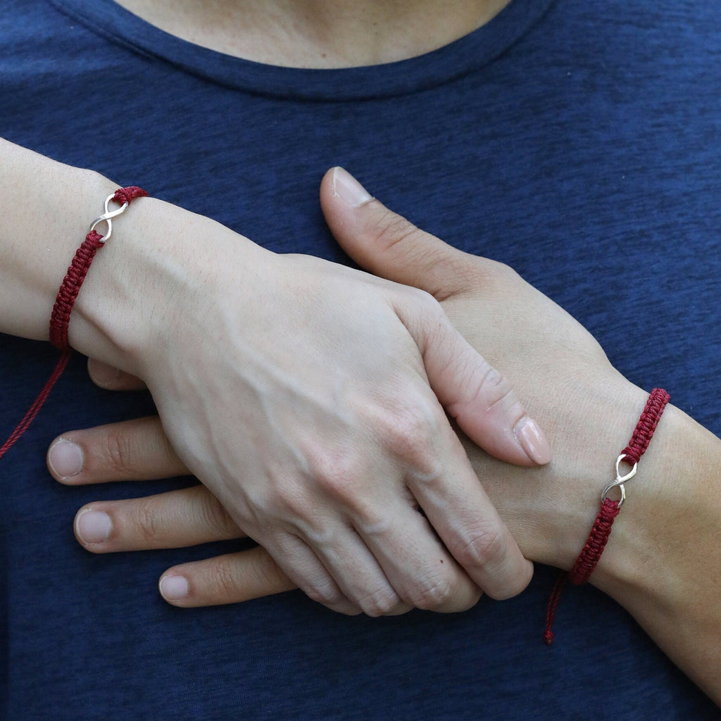 Infinity Sterling Silver Bracelets, Burgundy His and Hers Bracelets, Waterproof Cord, Adjustable