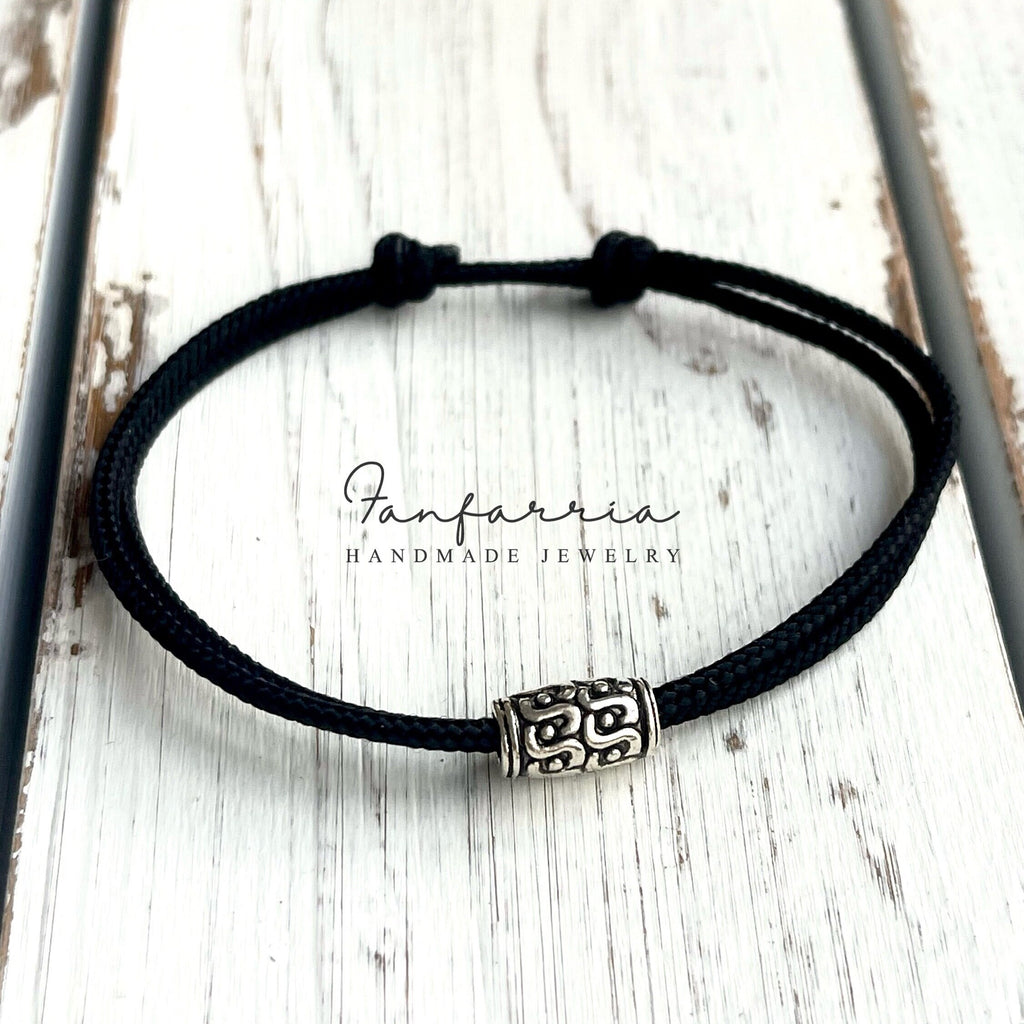 Sterling Silver Barrel Tube Anklet, Black Cord Anklet, Adjustable, Waterproof
