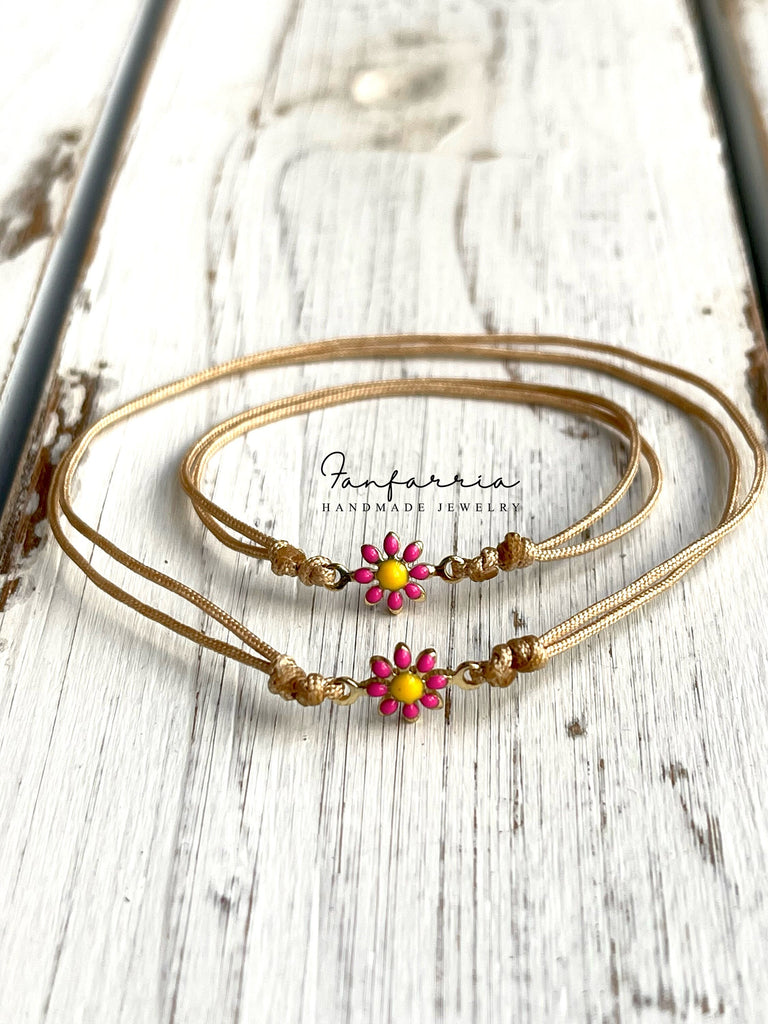 Pink Flower Bracelets Gold Cord Minimalist Mommy and Me