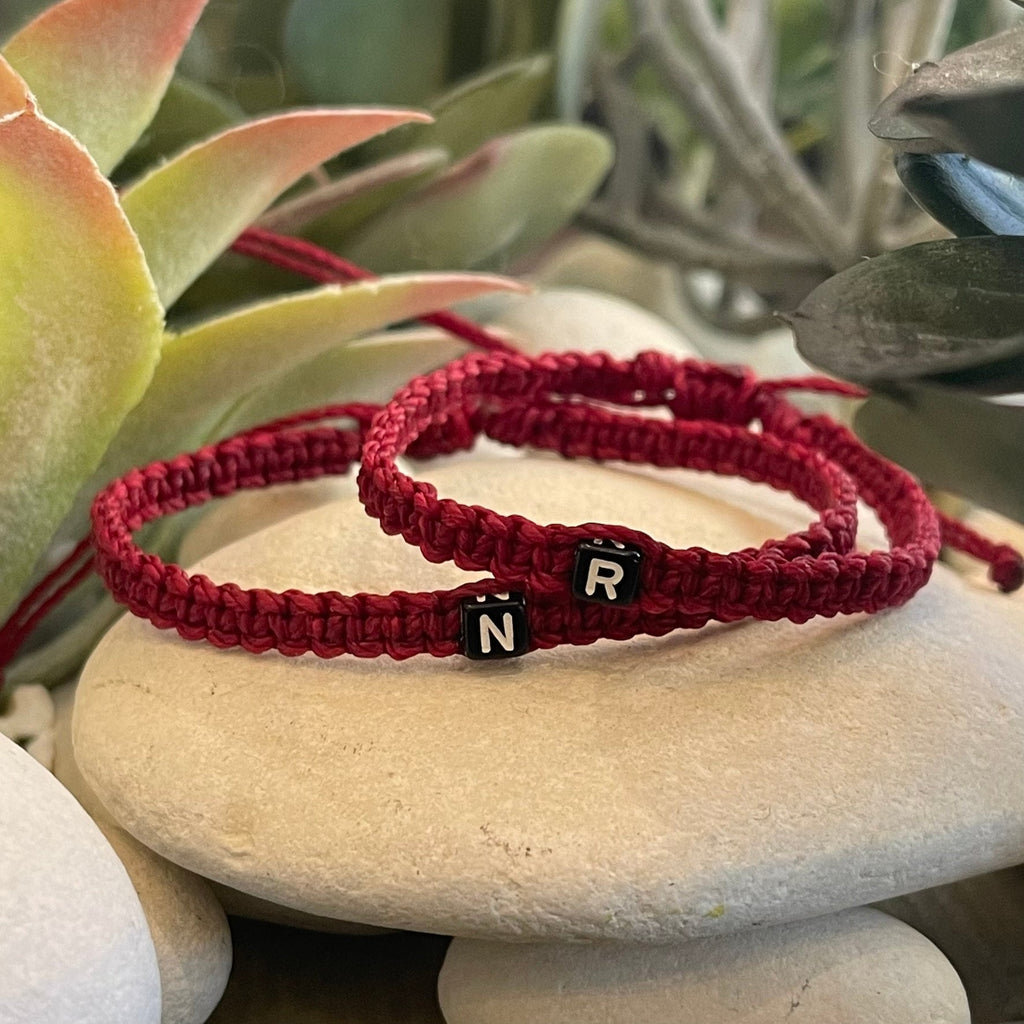 Couple Bracelets, Initials, Burgundy His and Hers, Distance, Love Knot, Anniversary gift, Matching Bracelet, Adjustable Waterproof by Fanfarria