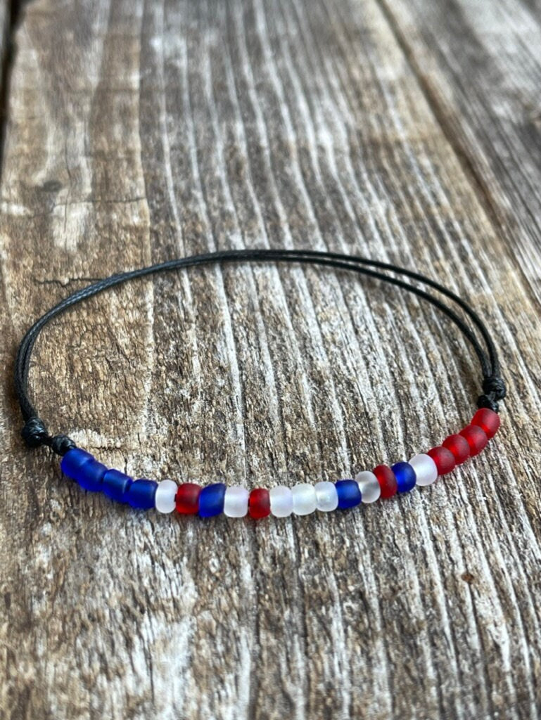 Red White and Blue Beaded Anklet Bracelet, Waterproof