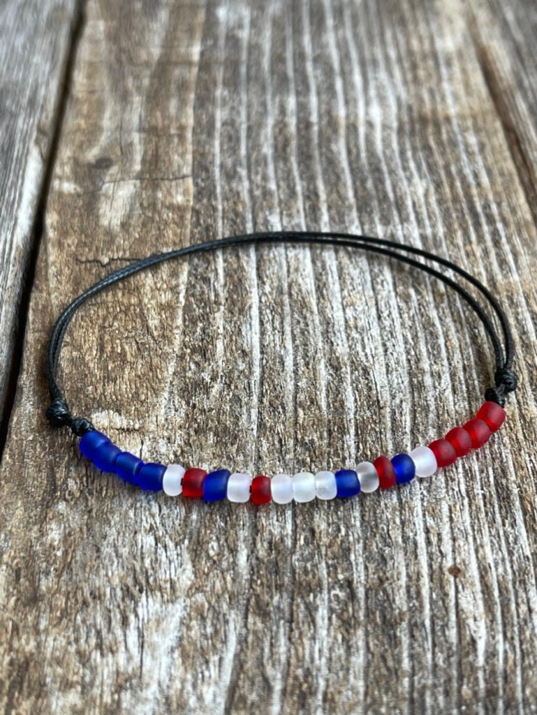 Red White and Blue Beaded Anklet Bracelet, Waterproof