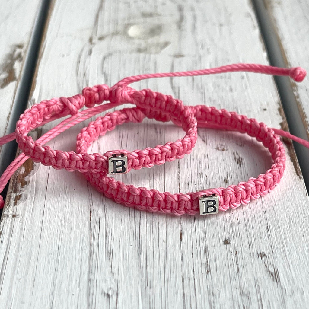 Personalized Pink Braided Bracelets with Sterling Silver Initials