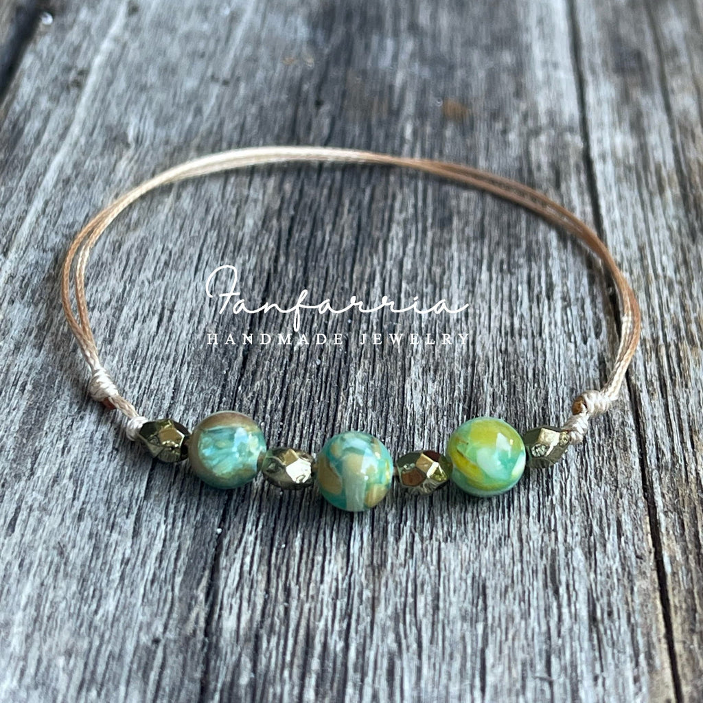 Marbled Gold Green Beads Gold Anklet Bracelet Gold Accents