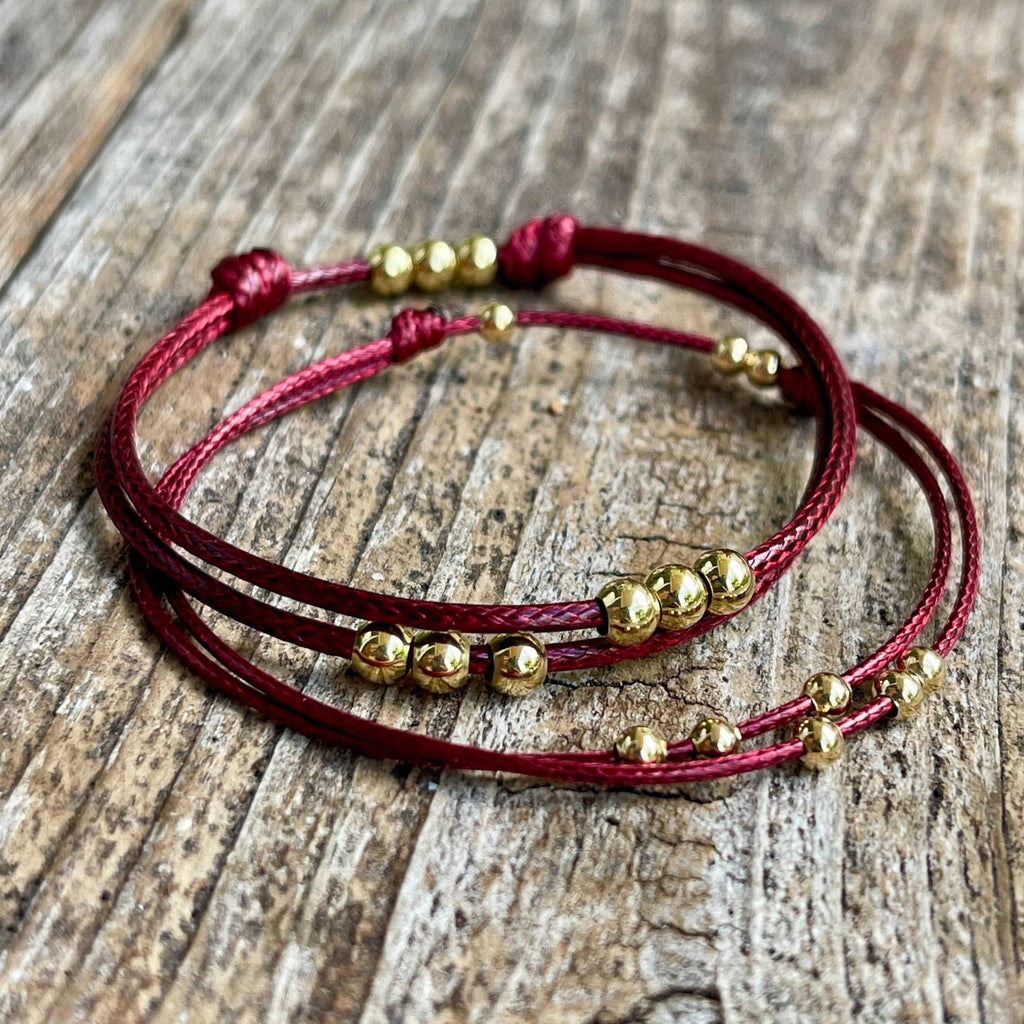 Amelia, Gold Beaded Burgundy Wine Bracelets, Waxed Cord Bracelets, Adjustable Bracelets, Waterproof, Set of 2