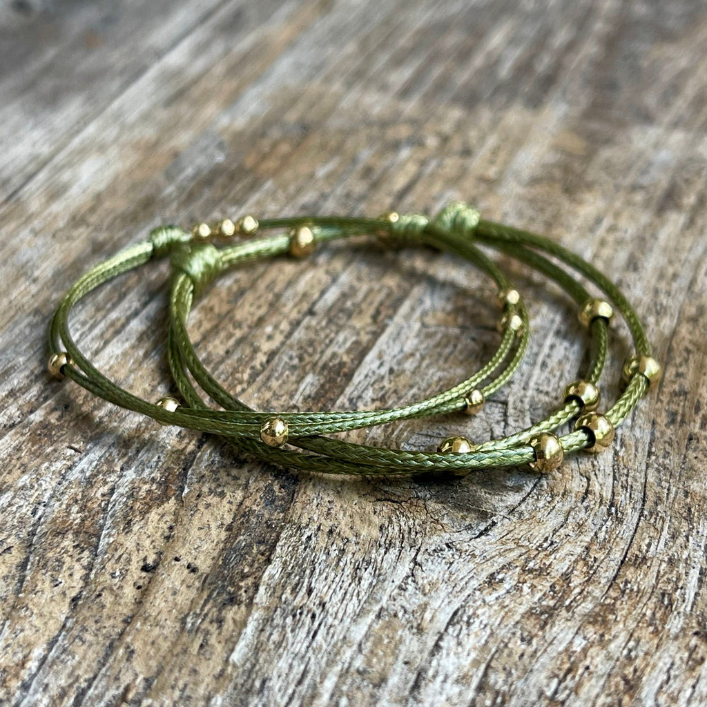 Amelia, Gold Beaded Olive Bracelets, Waxed Cord Bracelets, Adjustable Bracelets, Waterproof, Set of 2