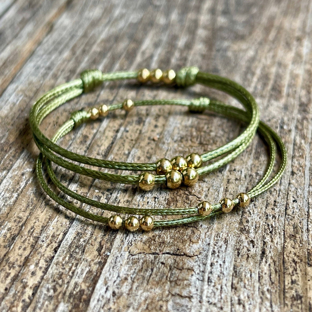 Amelia, Gold Beaded Olive Bracelets, Waxed Cord Bracelets, Adjustable Bracelets, Waterproof, Set of 2