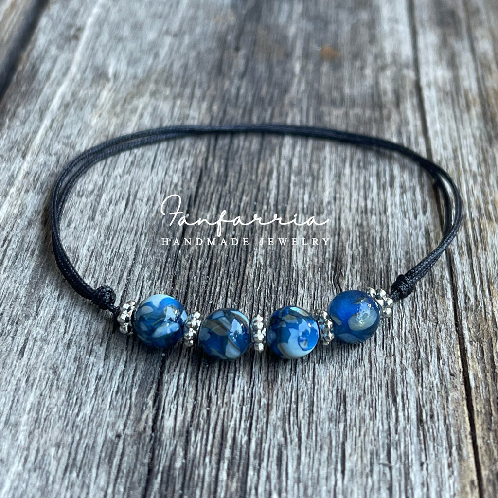 Marbled Blue Beaded Anklet Bracelet, Waterproof