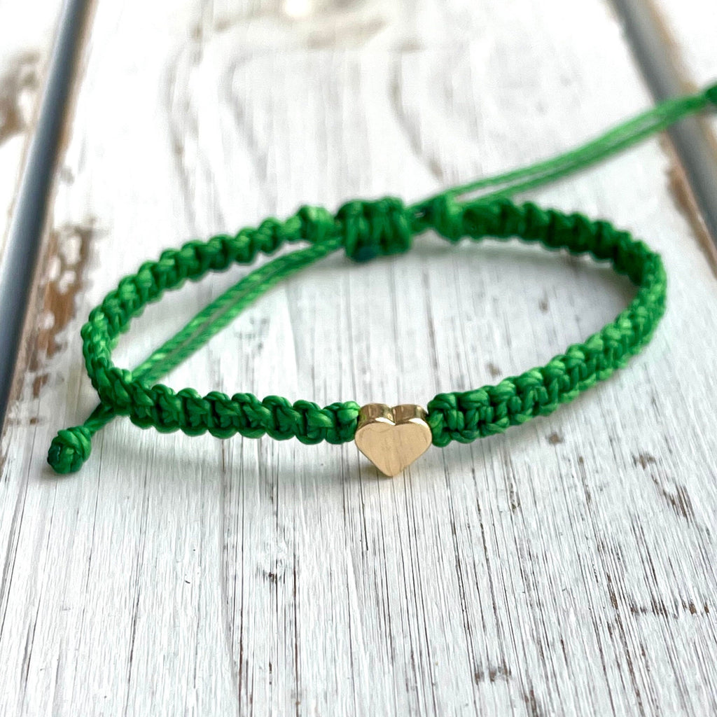 Gold Heart Green Anklet Bracelet, Braided Macrame, Adjustable Waterproof, Beach Bracelets