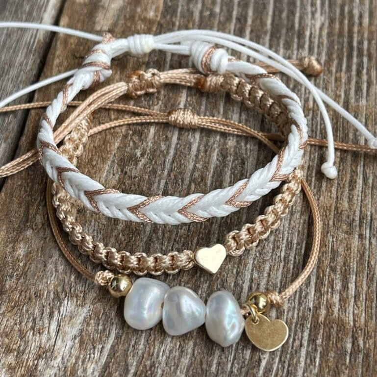 Pearl Heart Bracelet Set, Adjustable Handmade Bracelets with Authentic Pearls & Gold Filled Charms