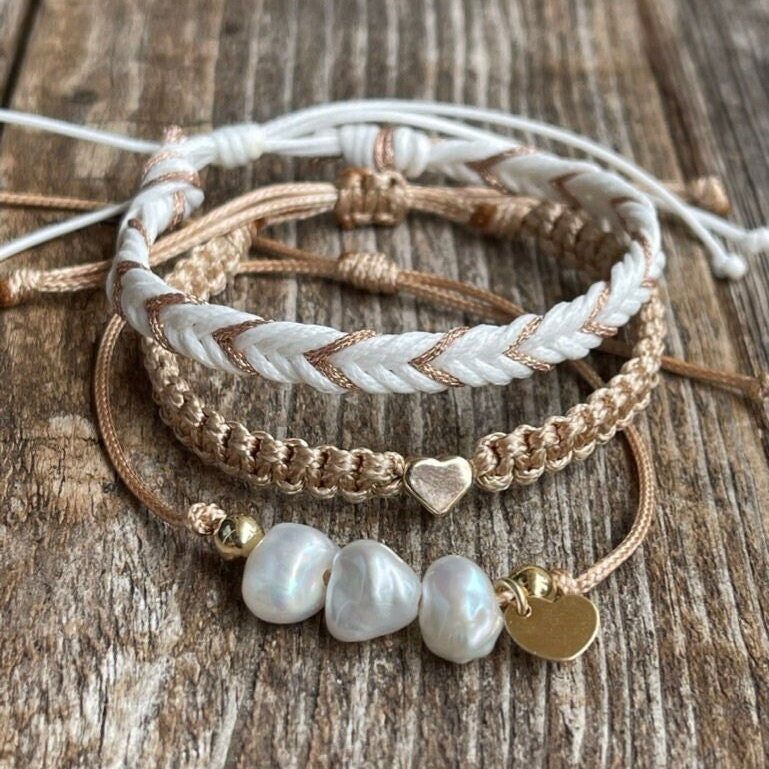 Pearl Heart Bracelet Set, Adjustable Handmade Bracelets with Authentic Pearls & Gold Filled Charms