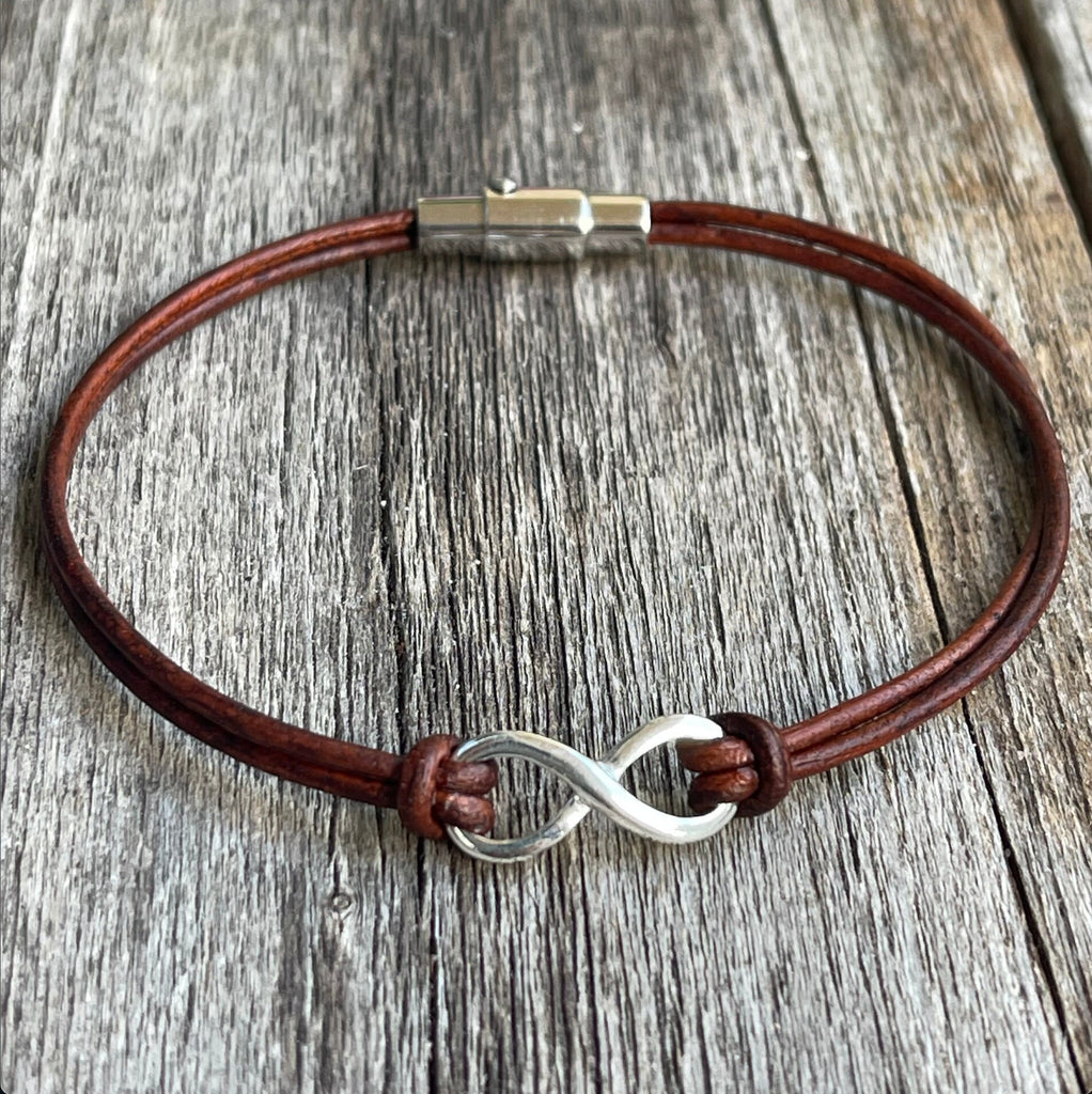 Brown Leather Infinity Sterling Silver Magnetic Clasp Bracelet