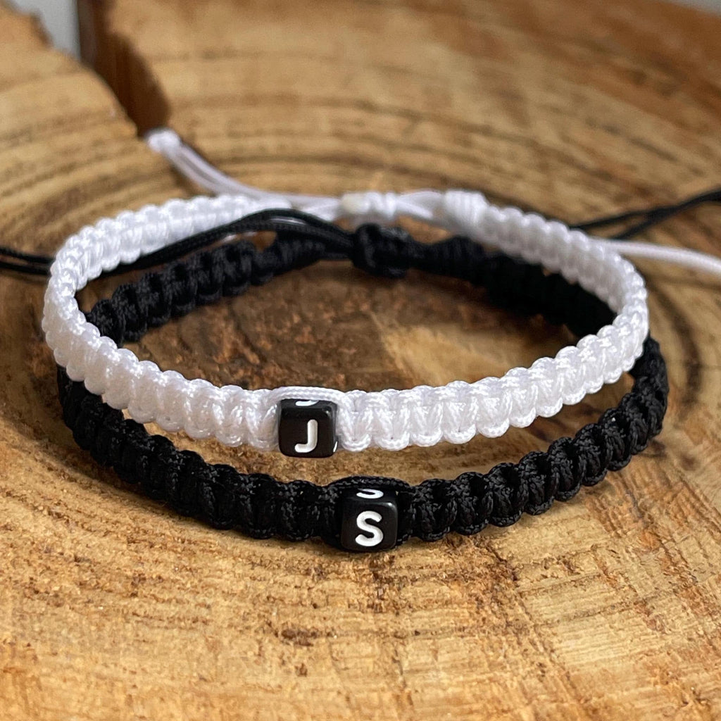 Marathon, Couple Bracelets, Initial, Black and White His and Hers, Distance, Love Knot, Anniversary gift, Matching Bracelet