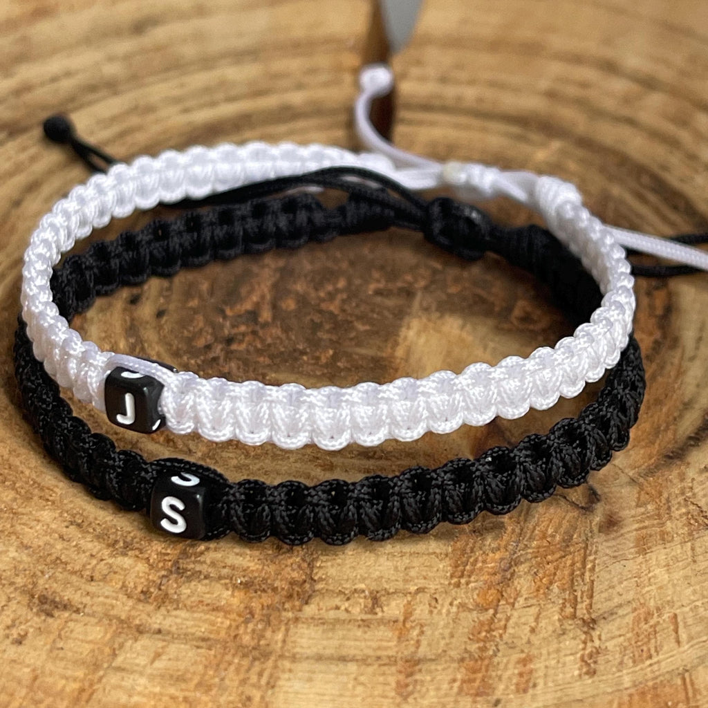 Marathon, Couple Bracelets, Initial, Black and White His and Hers, Distance, Love Knot, Anniversary gift, Matching Bracelet