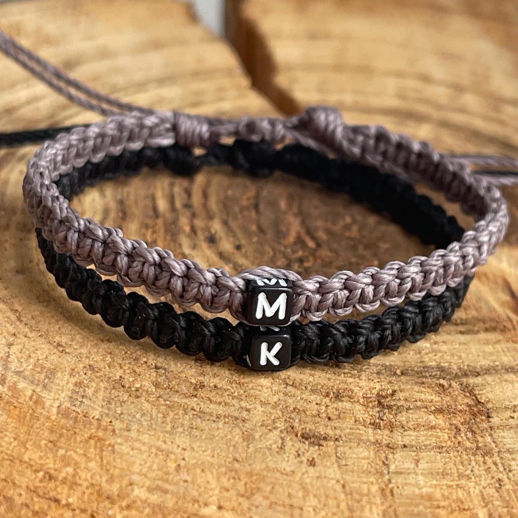 Marathon, Couple Bracelets, Initial, Black and Gray His and Hers, Distance, Love Knot, Anniversary gift, Matching Bracelet