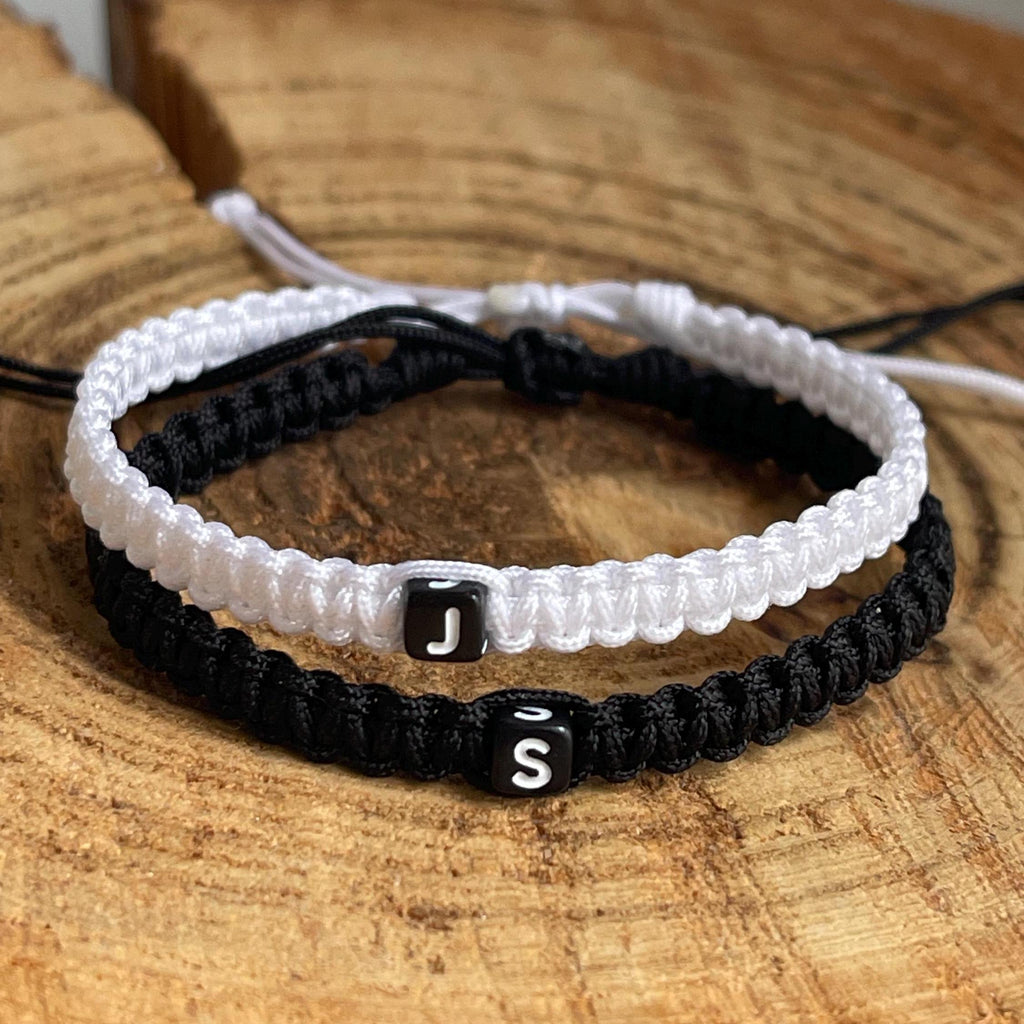 Marathon, Couple Bracelets, Initial, Black and White His and Hers, Distance, Love Knot, Anniversary gift, Matching Bracelet