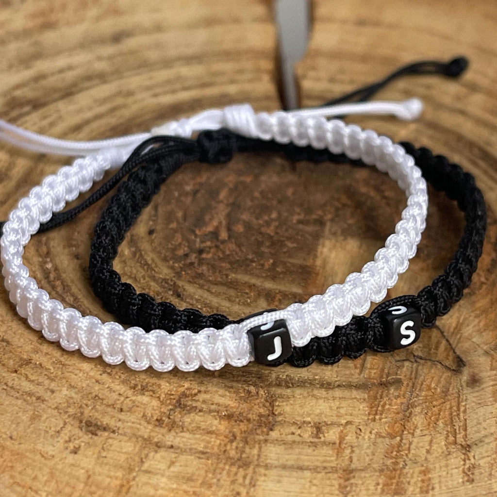 Marathon, Couple Bracelets, Initial, Black and White His and Hers, Distance, Love Knot, Anniversary gift, Matching Bracelet