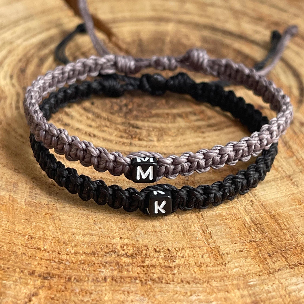 Marathon, Couple Bracelets, Initial, Black and Gray His and Hers, Distance, Love Knot, Anniversary gift, Matching Bracelet