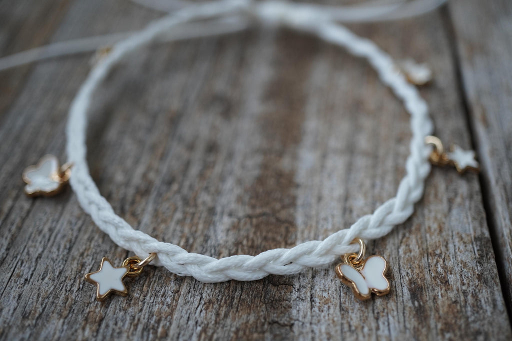 White Braided Anklet or Bracelet with Butterfly and Star Charms, Handmade Boho Jewelry for Women and Girls