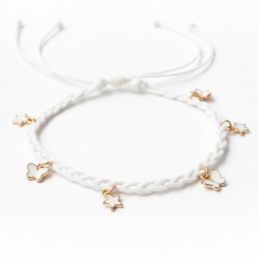 White Braided Anklet or Bracelet with Butterfly and Star Charms, Handmade Boho Jewelry for Women and Girls