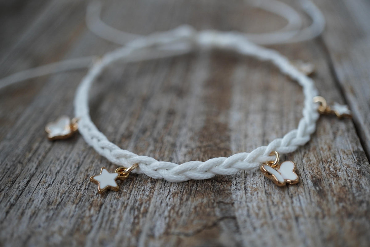 White Braided Anklet or Bracelet with Butterfly and Star Charms, Handmade Boho Jewelry for Women and Girls