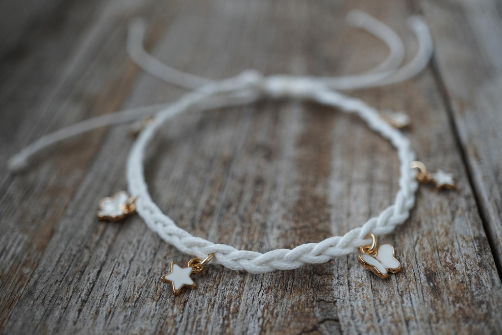White Braided Anklet or Bracelet with Butterfly and Star Charms, Handmade Boho Jewelry for Women and Girls