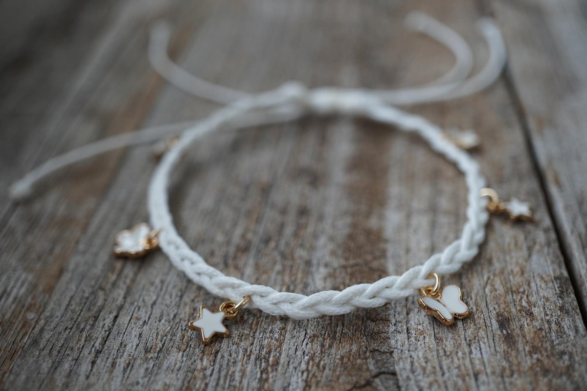 White Braided Anklet or Bracelet with Butterfly and Star Charms, Handmade Boho Jewelry for Women and Girls