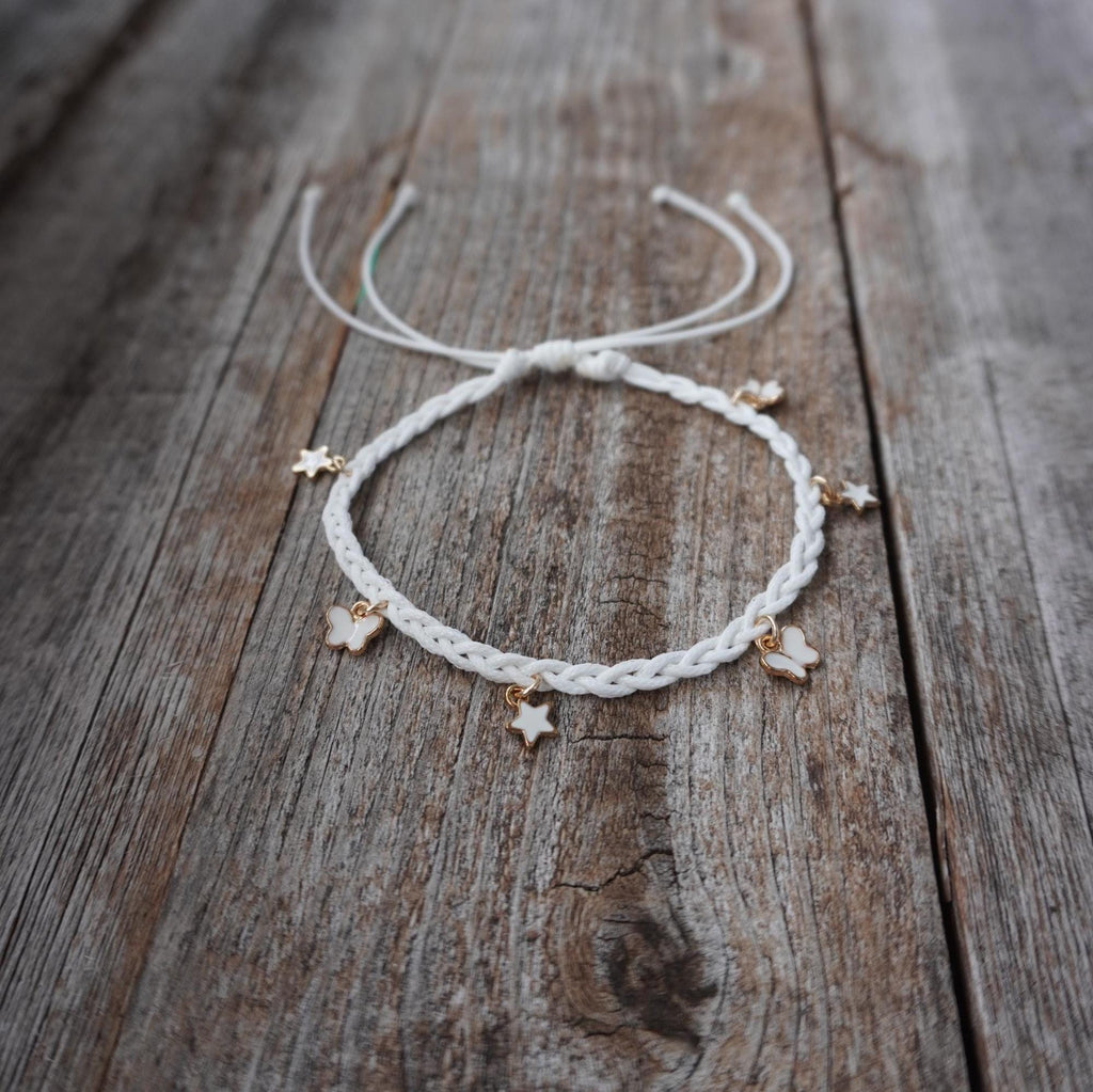 White Braided Anklet or Bracelet with Butterfly and Star Charms, Handmade Boho Jewelry for Women and Girls