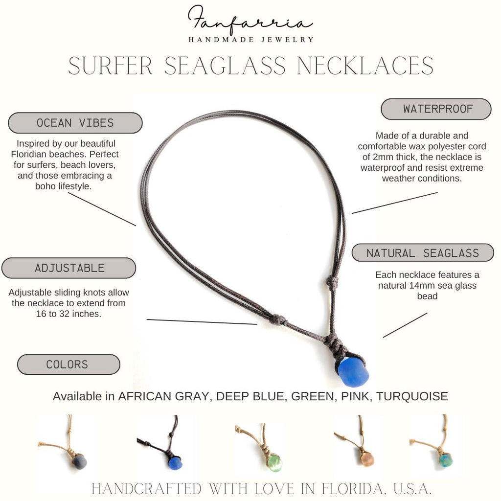 Surfer Deep Blue Sea Glass Brown Necklace Adjustable Waterproof Women Men