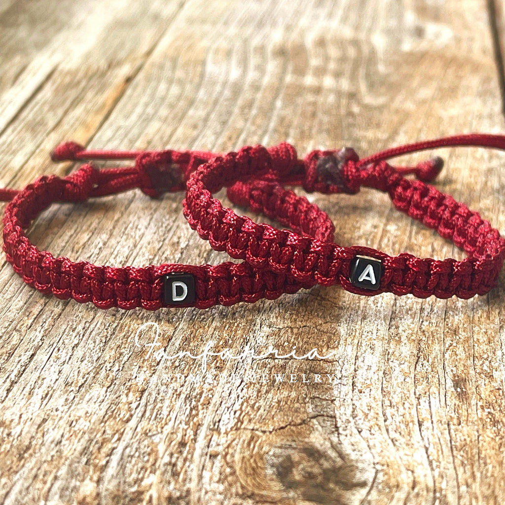 Couple Bracelets, Initials, Burgundy His and Hers, Distance, Love Knot, Anniversary gift, Matching Bracelet, Adjustable Waterproof by Fanfarria