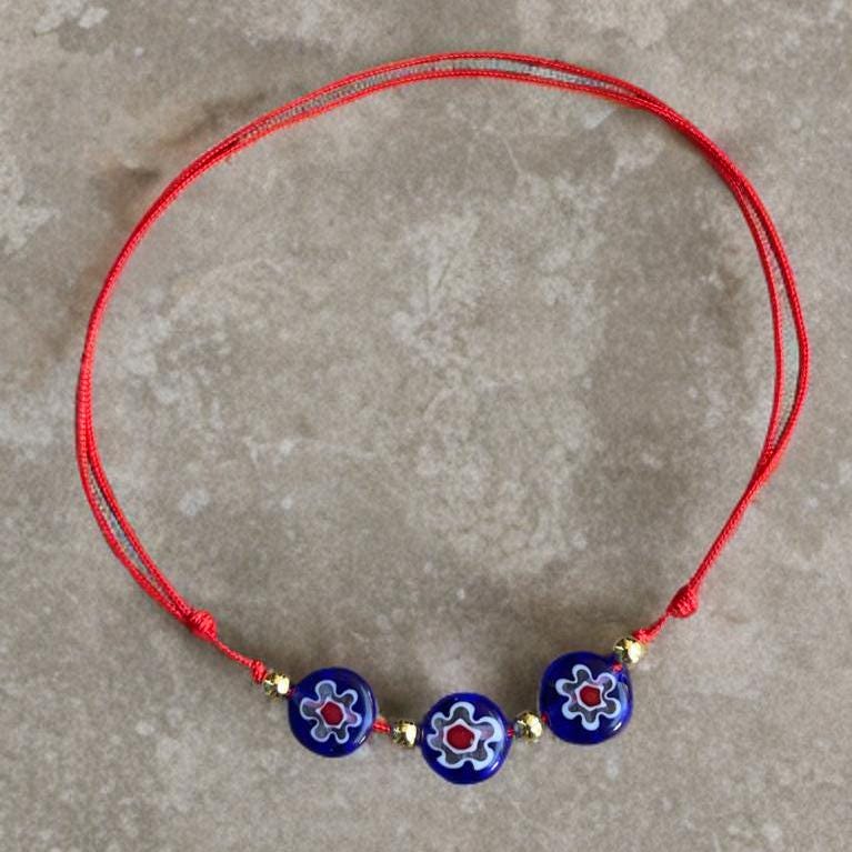 Millefiori Lampwork Glass Blue Beads Red Bracelet Anklet