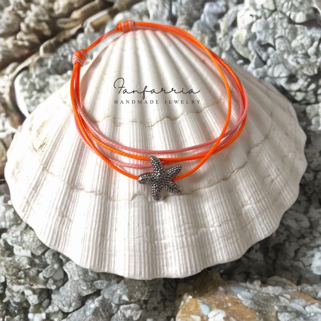 Pink and Orange Starfish Anklet, Adjustable, Minimalist Boho Chic