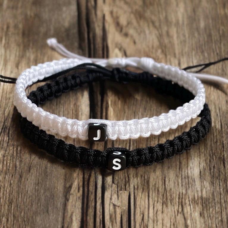 Marathon, Couple Bracelets, Initial, Black and White His and Hers, Distance, Love Knot, Anniversary gift, Matching Bracelet
