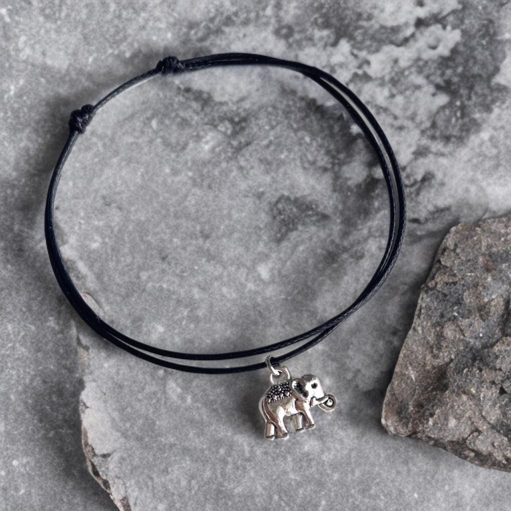 Elephant Anklet, Black Waxed Cord Anklet, Adjustable Anklet