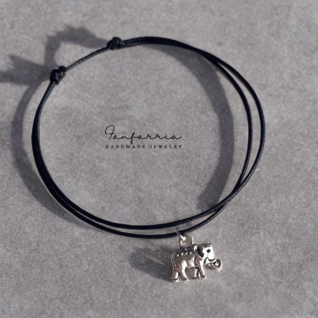 Elephant Anklet, Black Waxed Cord Anklet, Adjustable Anklet