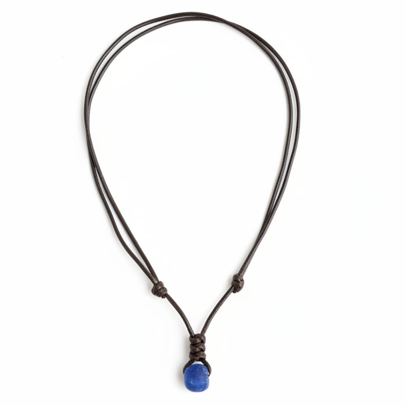 surfer necklace with a recycled blue sea glass bead