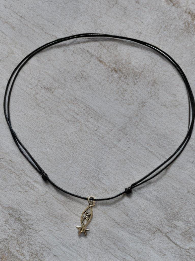 Fish Pendant Necklace, Black Cord Boho Handmade Jewelry