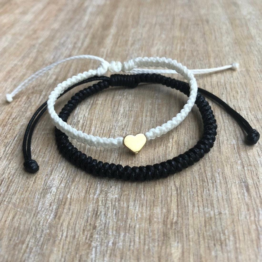 Miramar Couples Bracelets Black White Gold Heart Charm Braided Macrame Adjustable Waterproof