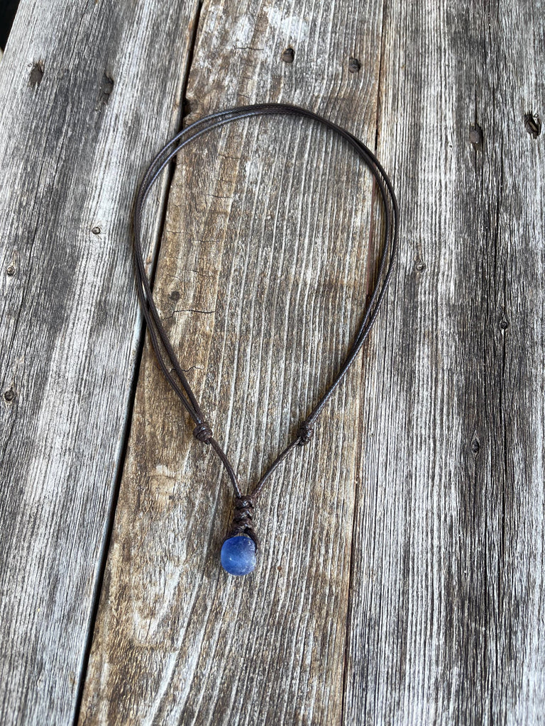 Surfer Deep Blue Sea Glass Brown Necklace Adjustable Waterproof Women Men
