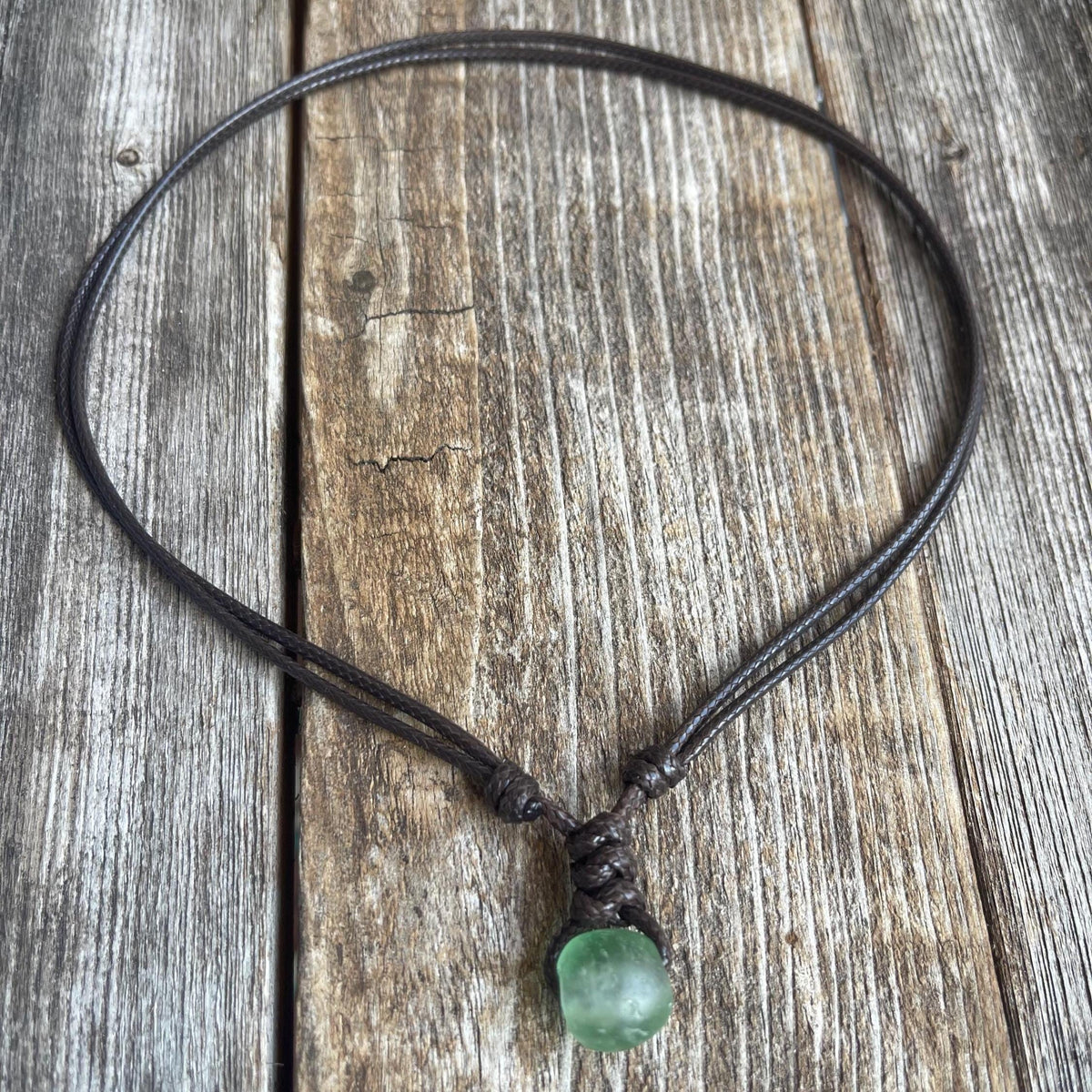 Surfer Green Sea Glass Brown Necklace Adjustable Waterproof Women Men
