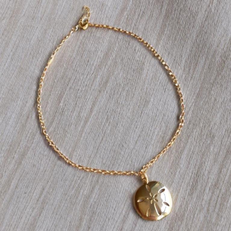 Gold Sand Dollar Necklace, Dainty 16" Beach Charm, Handmade Coastal Jewelry Gift, Ocean-Inspired Summer Necklace