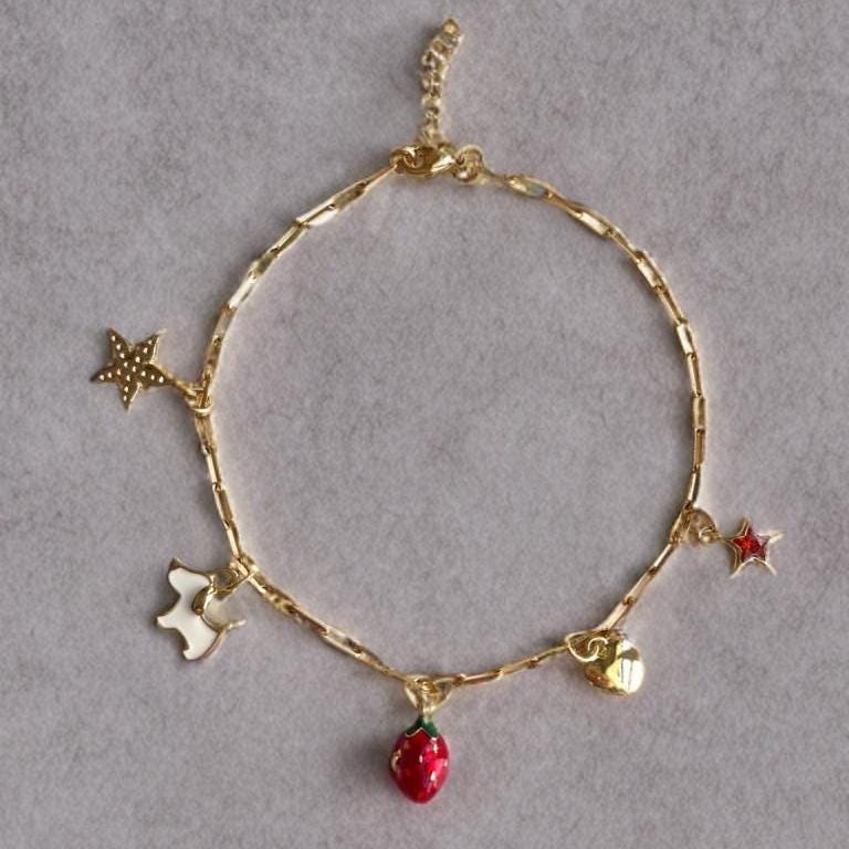 Gold Charm Anklet with Heart, Dog, Star & Strawberry Charms – Adjustable Boho Anklet for Women, Fun Summer Jewelry Gift