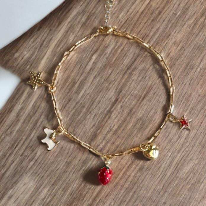 Gold Charm Anklet with Heart, Dog, Star & Strawberry Charms – Adjustable Boho Anklet for Women, Fun Summer Jewelry Gift