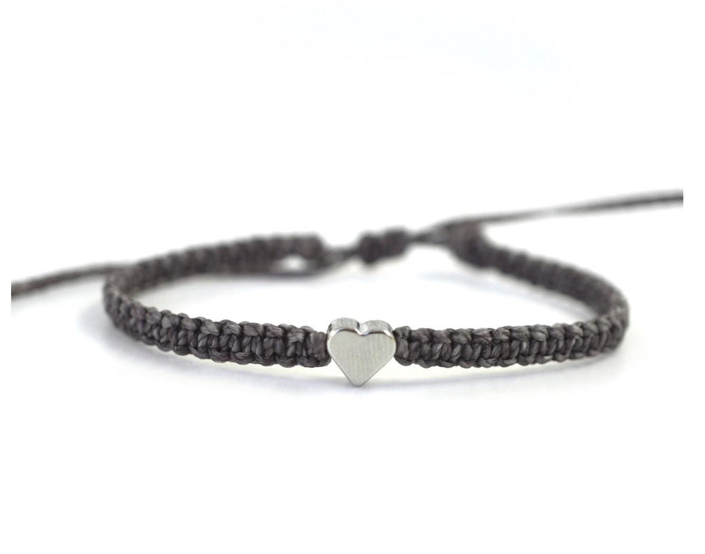 Silver Heart Dark Gray Bracelet, Handmade Braided Macrame, Adjustable Waterproof by Fanfarria