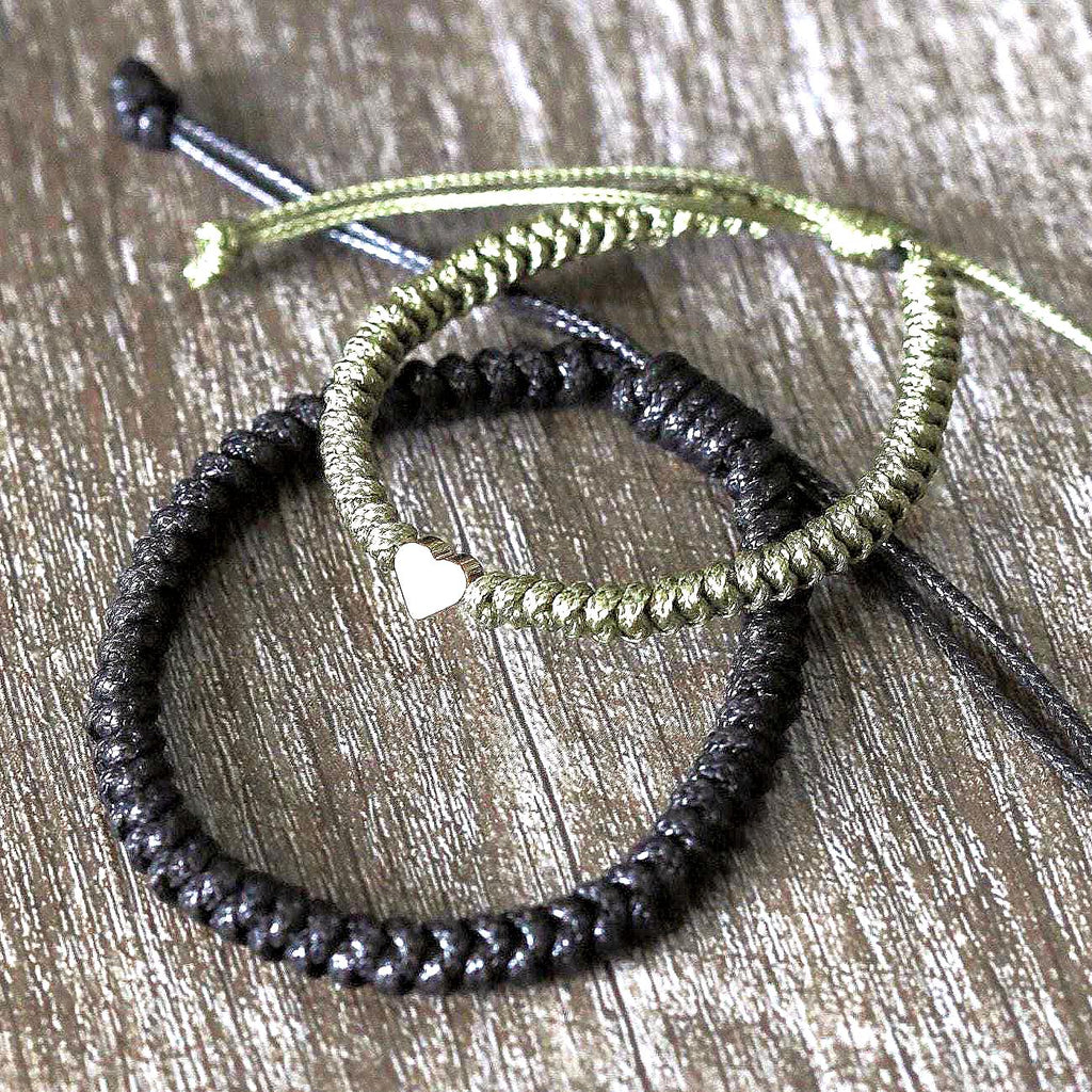 Couples Bracelets, Black and Olive, Gold Heart Charm Women Bracelet, Adjustable, Waterproof. Anniversary Gift. Gift Ready Packaging. Made in Florida, U.S.A. by Fanfarria