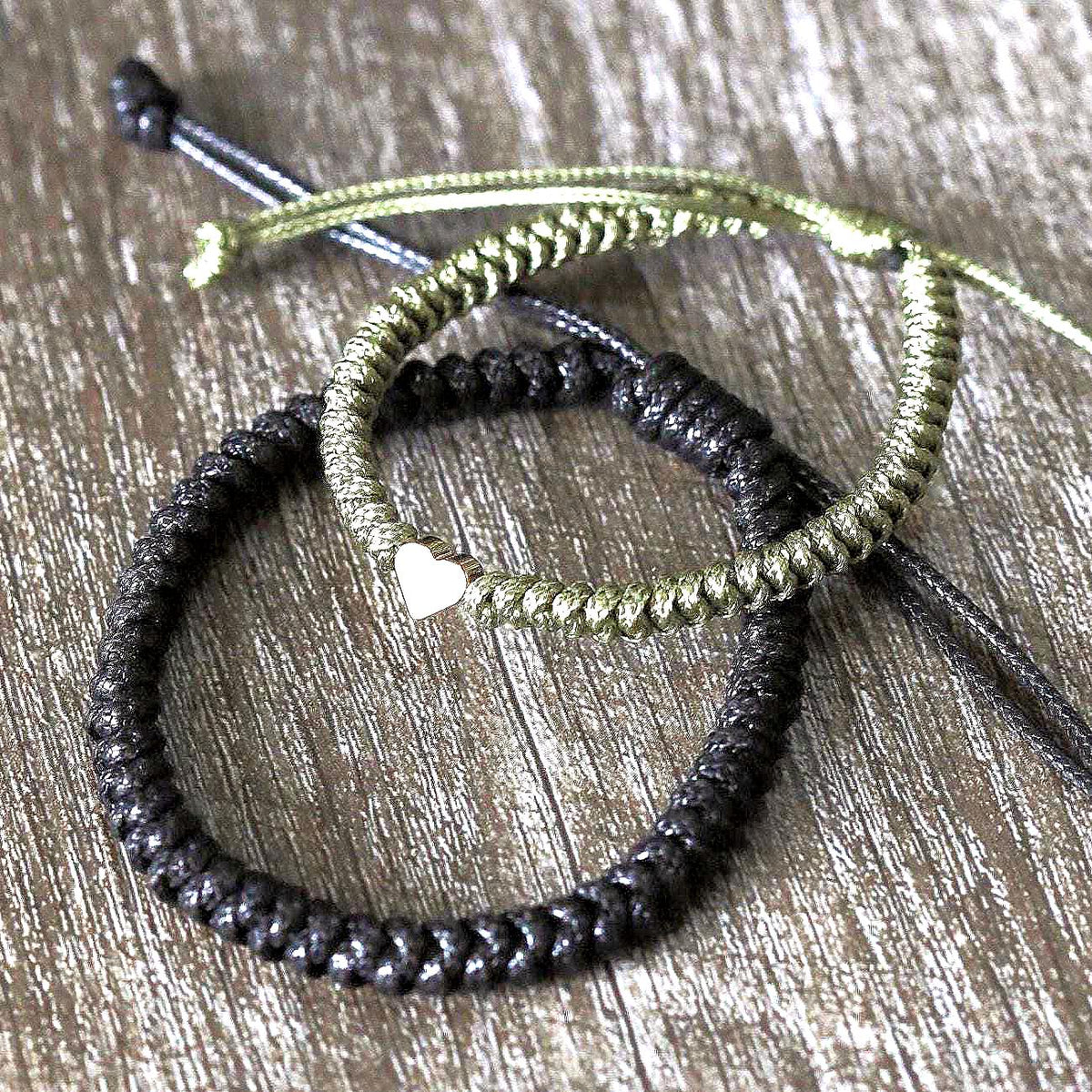Couples Bracelets, Black and Olive, Gold Heart Charm Women Bracelet, Adjustable, Waterproof. Anniversary Gift. Gift Ready Packaging. Made in Florida, U.S.A. by Fanfarria